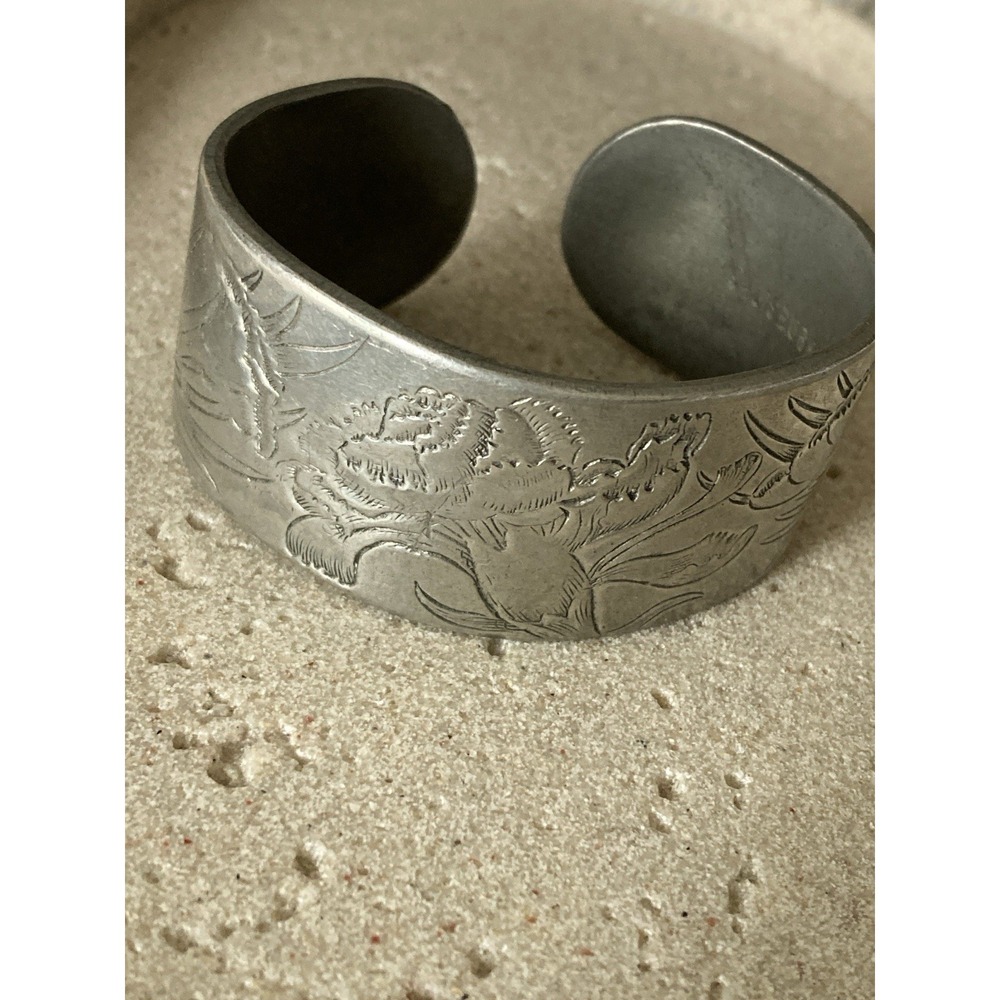 Vintage Salisbury Pewter Cuff Bracelet January Florals Etched Chunky Wide USA